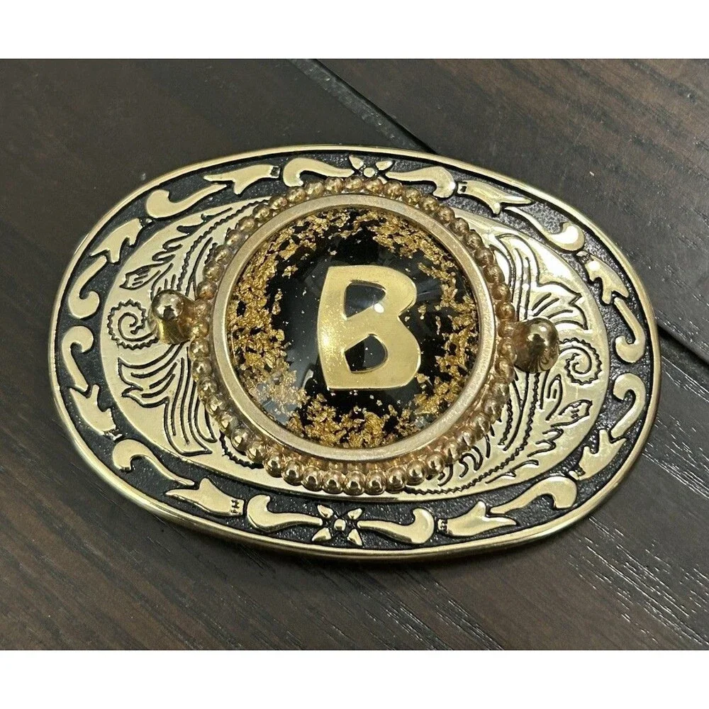 Western Americana Belt Buckle Black Gold Floral Scroll Design With B Initial